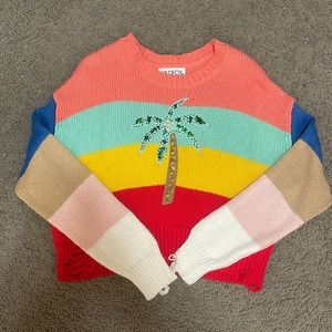 WildFox NW Distressed PalmTree Embroidered Stripe Sweater